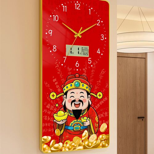 财神爷挂钟客厅新款时钟静音万年历餐厅装饰画石英钟表挂墙免打孔