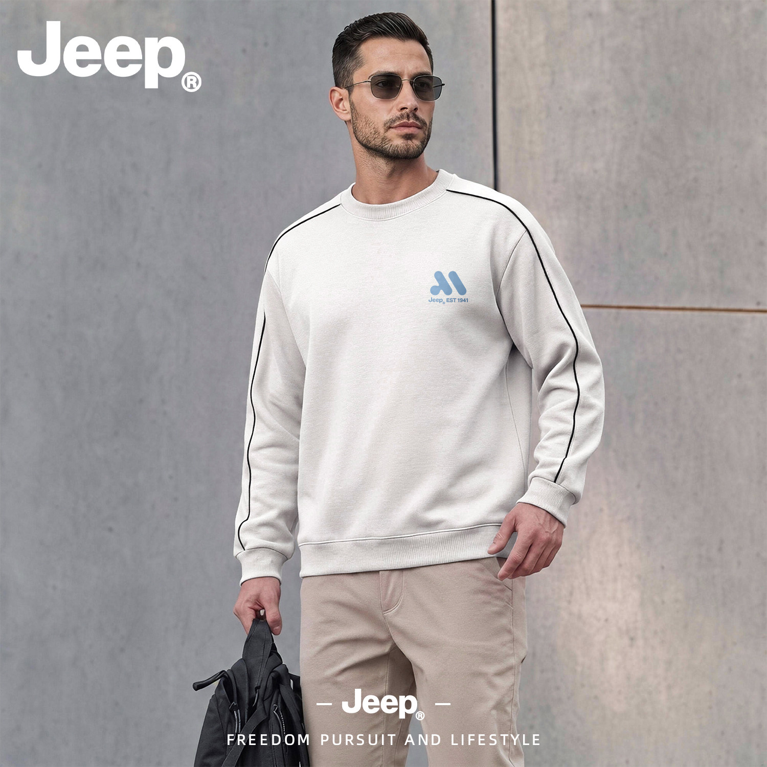JEEP/吉普美式白色明线撞色卫衣男秋季圆领复古潮流休闲套头上衣