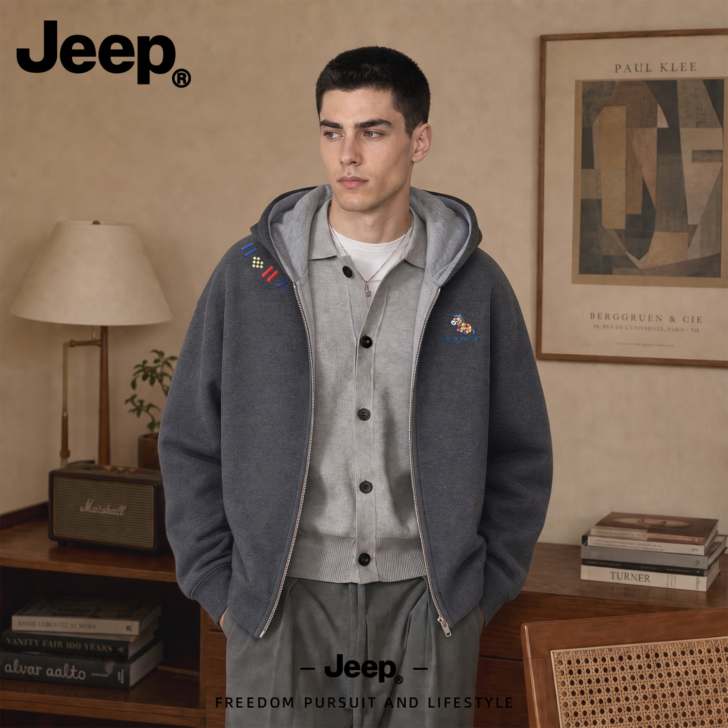 JEEP/吉普美式撞色连帽重磅开衫卫衣男秋季潮流阔版拉链宽松外套