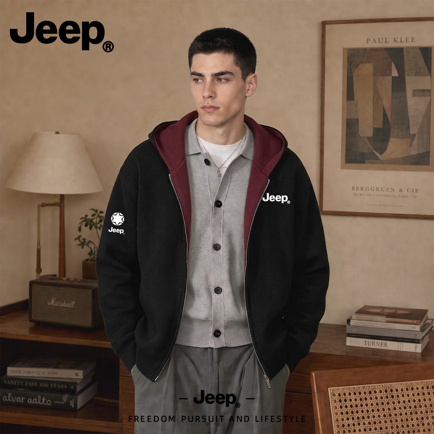 JEEP/吉普美式复古撞色连帽开衫男秋季撞色双拉链飞行员夹克外套
