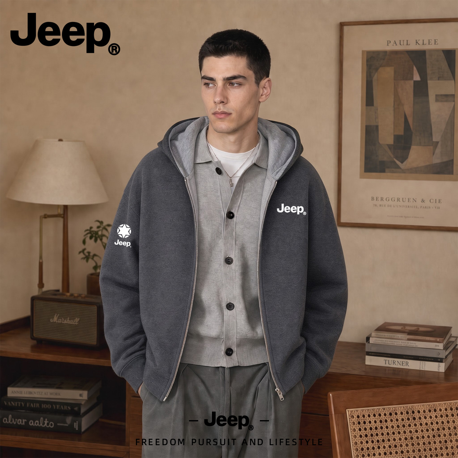 JEEP/吉普美式双层撞色连帽开衫男秋季新款双拉链飞行员夹克外套