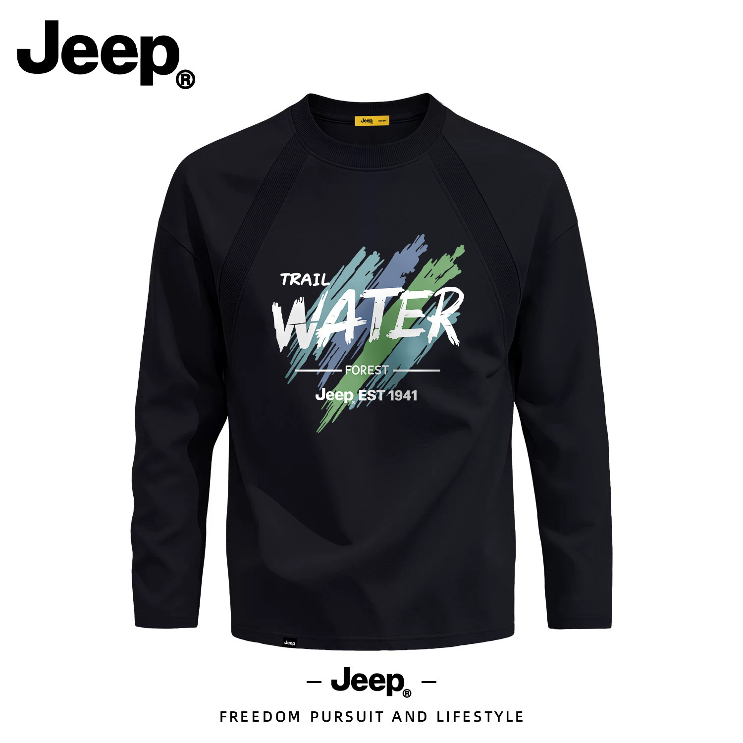 JEEP/吉普美式复古长袖T恤男秋季印花圆领解构拼接宽松百搭上衣图片