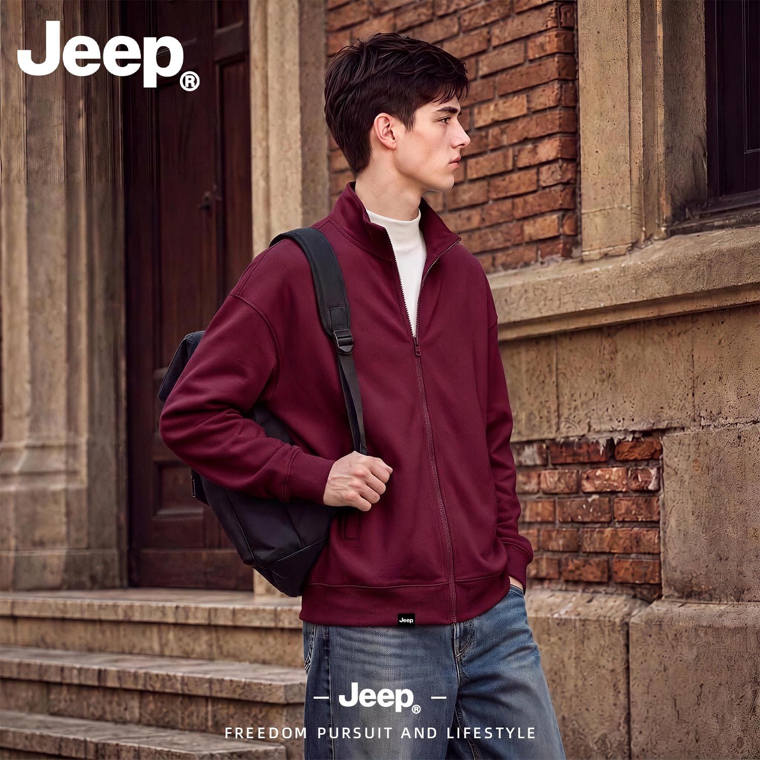JEEP/吉普美式酒红色卫衣开衫男秋拉链立领cleanfit运动夹克外套