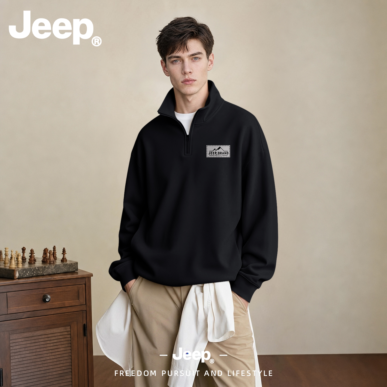 JEEP/吉普美式重磅山峰半拉链卫衣男秋季硬汉立领复古男装外套