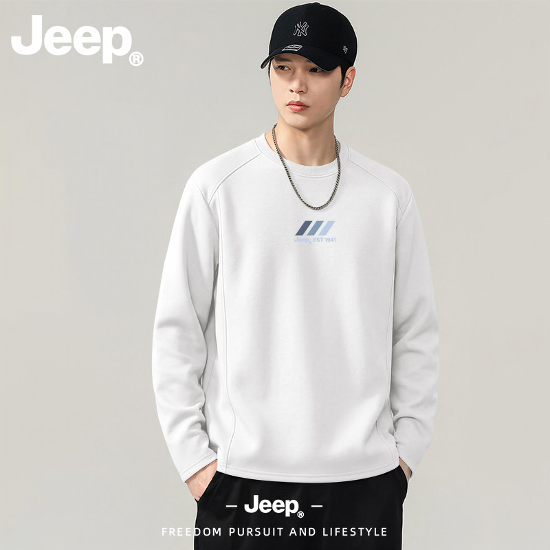 JEEP/吉普美式三色斜线白色长袖T恤秋季宽松简约卫衣休闲运动上衣