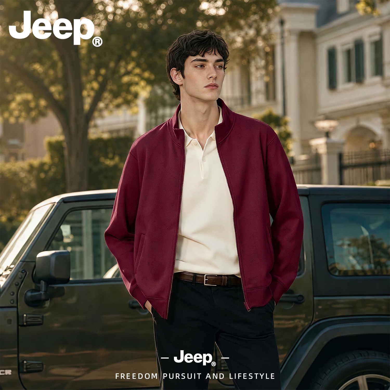 JEEP/吉普美式酒红色立领卫衣开衫男秋季宽松夹克拉链休闲外套