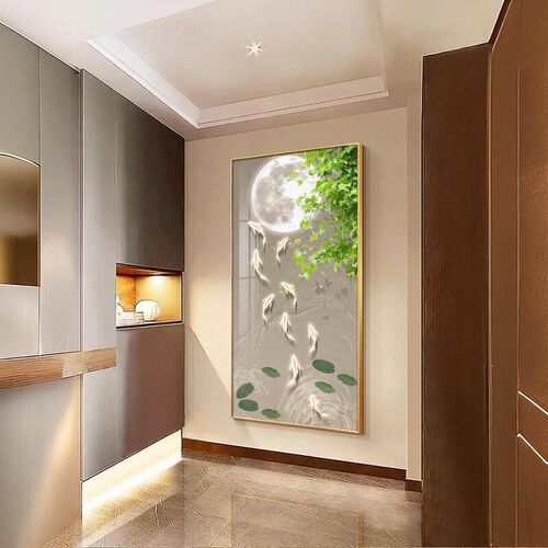 锦鲤聚福玄关装饰画高档大气竖版绿植壁画客厅走廊过道挂画九鱼图