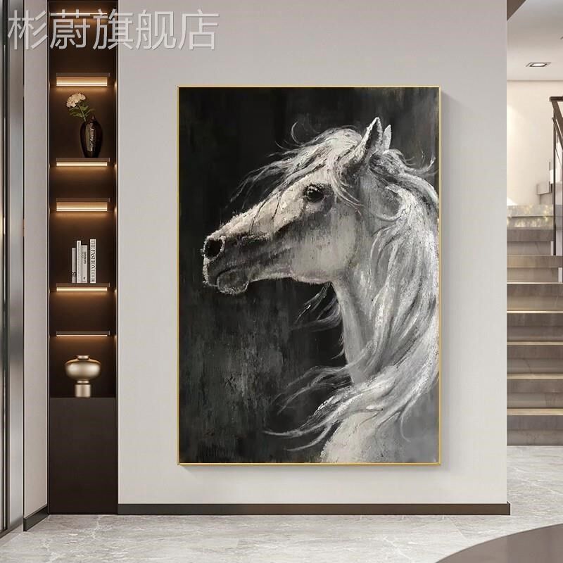 网红手绘黑白走马油画厚油玄关装饰画客厅沙背发景墙挂画竖版廊壁