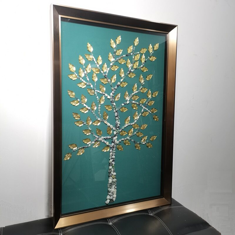 竖版玄关石子装饰画轻奢玉石立体画客厅简约发财树走廊金玉满堂