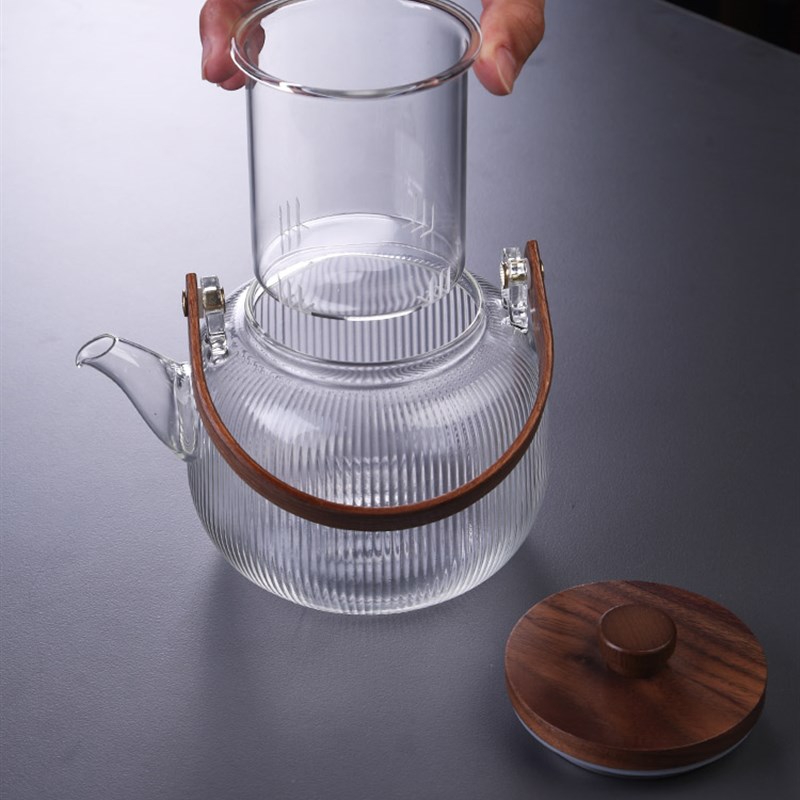 中式胡桃木盖玻璃茶具蒸茶煮茶两用提梁壶茶壶透明复古耐热烧水壶
