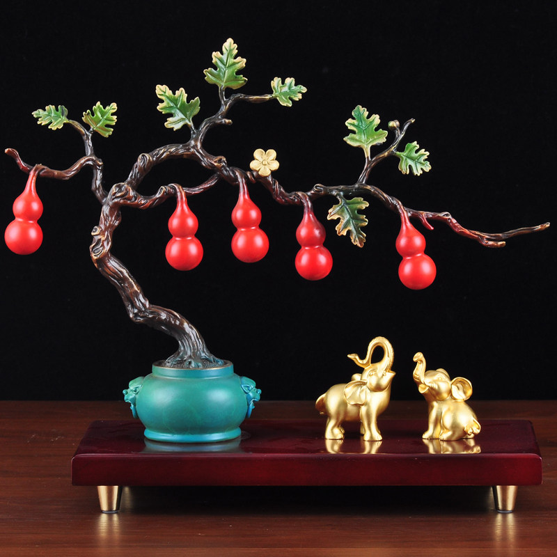 彩铜大象摆件福禄吉祥招财葫芦迎客松工艺品家居客厅玄关装饰品