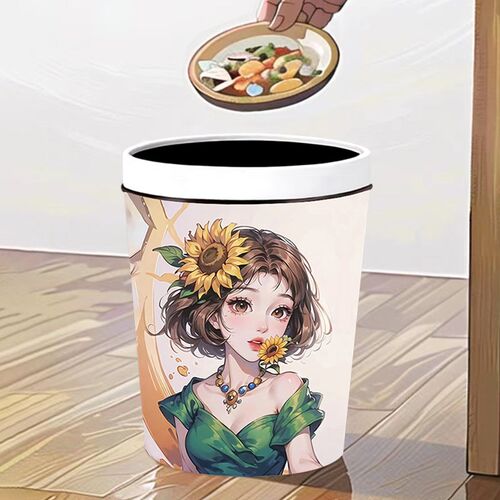 手绘动漫女孩压圈垃圾桶创意卡通高颜值大容量家用客厅卧室卫生桶