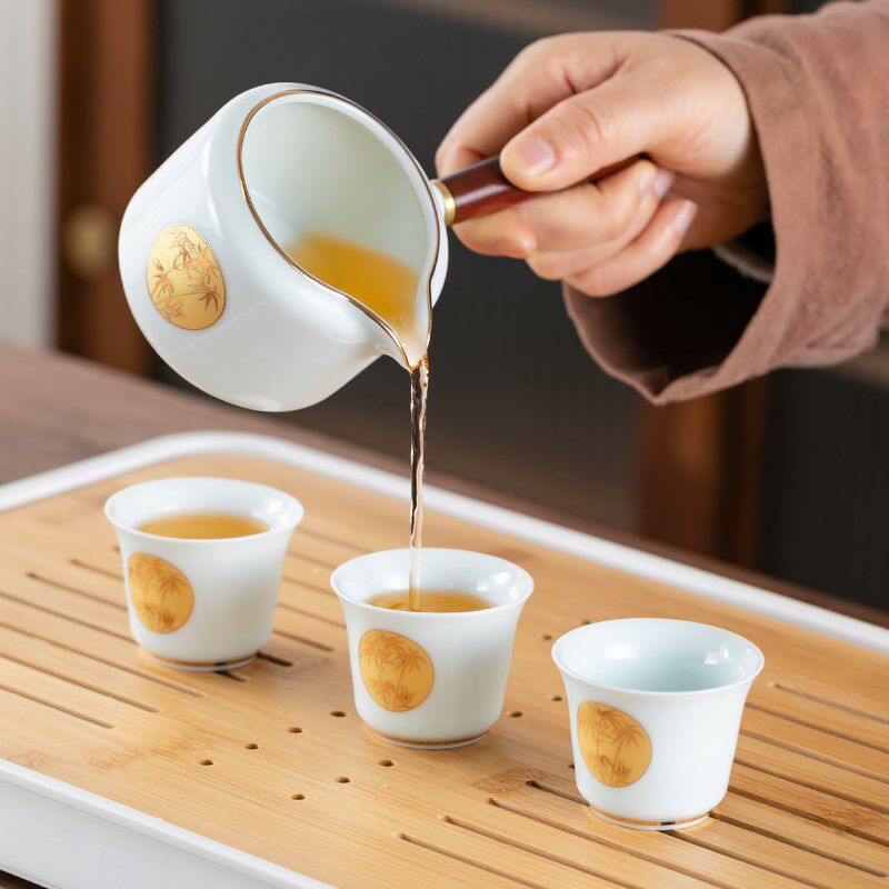 汝窑影青金竹功夫茶具套装防烫侧把泡茶壶茶杯茶盘家用喝茶一整套