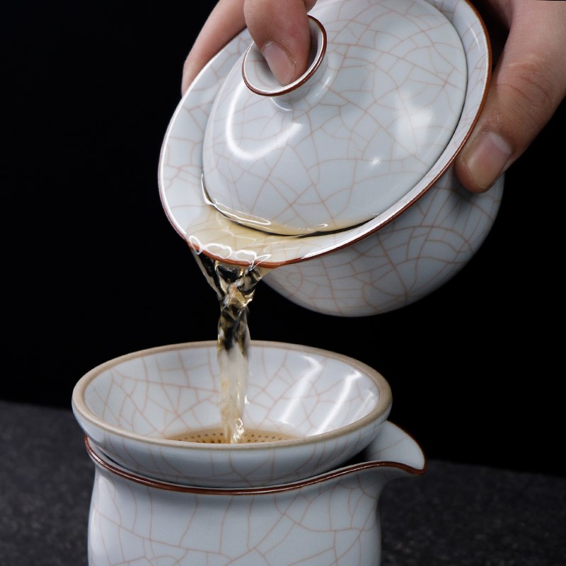 250毫升月白汝窑不烫手加大号三才盖碗茶杯 家用陶瓷功夫泡茶碗