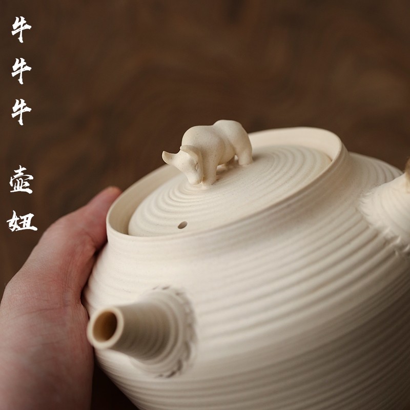 白泥砂铫 潮汕工夫茶炭炉 牛壶煮茶壶白陶壶烧水壶 手拉壶电陶炉