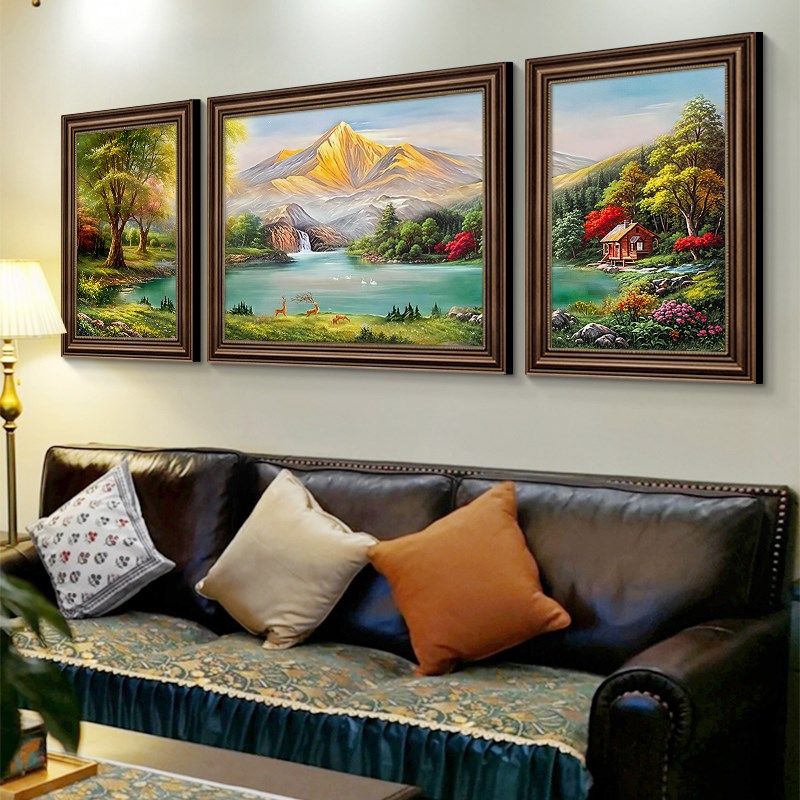 客厅装饰画沙发背景墙挂画欧式手绘山水风景油画美式高级感三联画