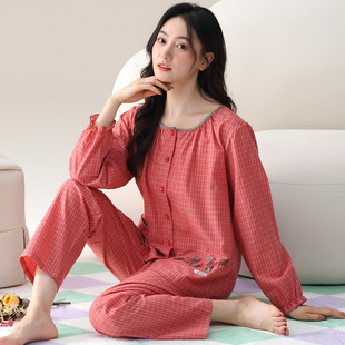 睡衣女2024新款秋季梭织棉长袖开衫可外穿妈妈大码长裤家居服套装
