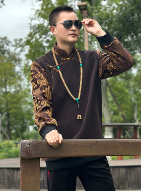 冬季藏装男藏式外套拼色加绒夹克藏族服装保暖拼色西藏民族风藏袍