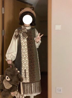 流苏背心连衣裙女装秋季小个子针织外搭毛衣裙奶系长裙子超好看