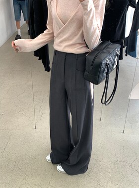 大瓶定制 row牌清冷线 高级压褶阔腿裤女秋宽松直筒休闲西装裤子