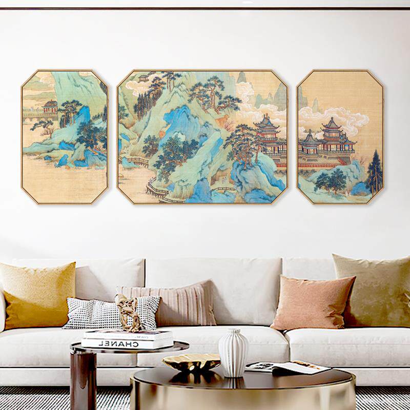 水墨宣言中国风山水挂画新中式客厅背景墙三联挂画湖山春晓图国画