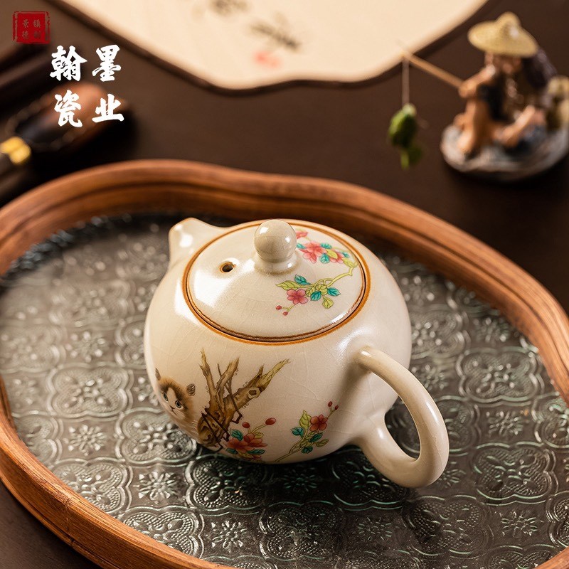 景德镇陶瓷汝窑开片红花猫西施壶家用泡茶壶出水球孔功夫茶具单壶