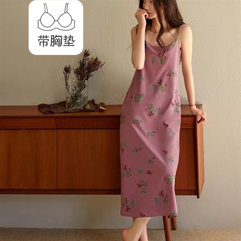 100%纯棉带胸垫吊带睡裙女夏季无袖碎花甜美薄款夏天可外穿连衣裙