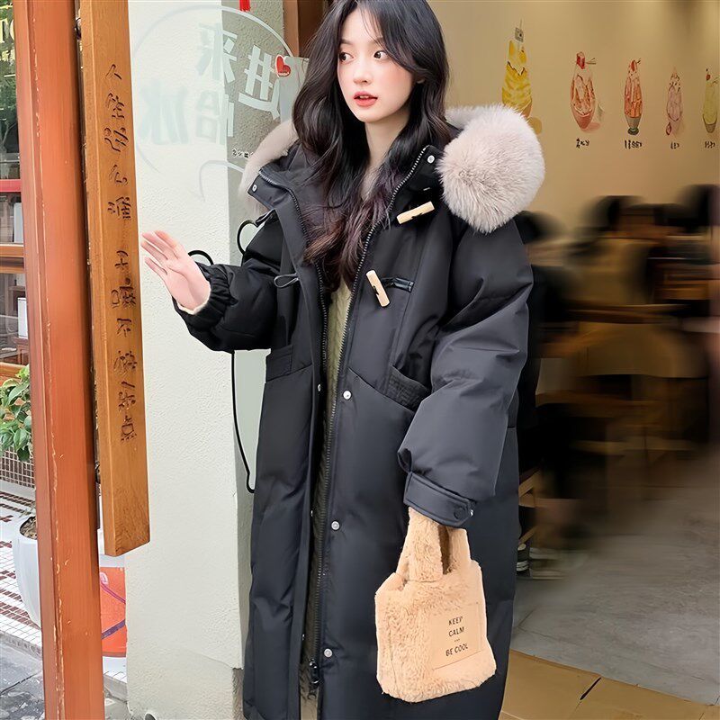 黑色中长款羽绒服女连帽大毛领加厚保暖2025新款过漆韩版宽松风衣