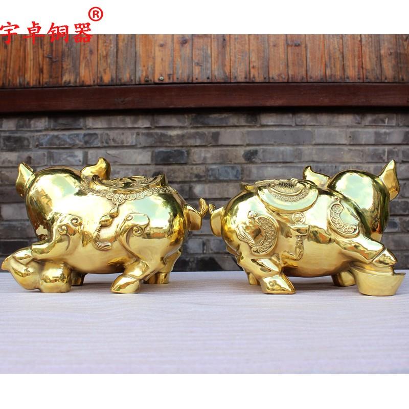 宇卓铜器 纯铜猪踩元宝葫芦猪福禄工艺品摆饰生肖猪黄铜财福猪
