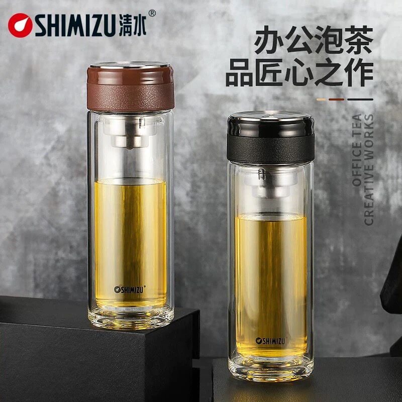 清水双层玻璃杯商务泡茶杯防烫防漏水杯带茶隔滤网车载保温杯