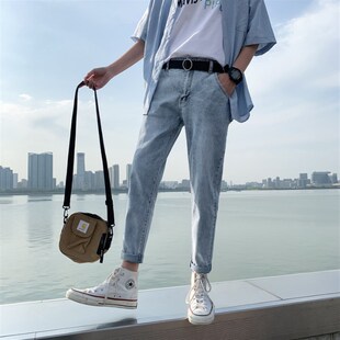小码男裤矮个子修身弹力牛仔裤男26号27码潮流复古浅色九分小脚裤