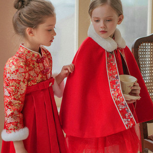 女童旗袍连衣裙冬款加绒加厚中国风唐装红色新年装儿童拜年服礼服