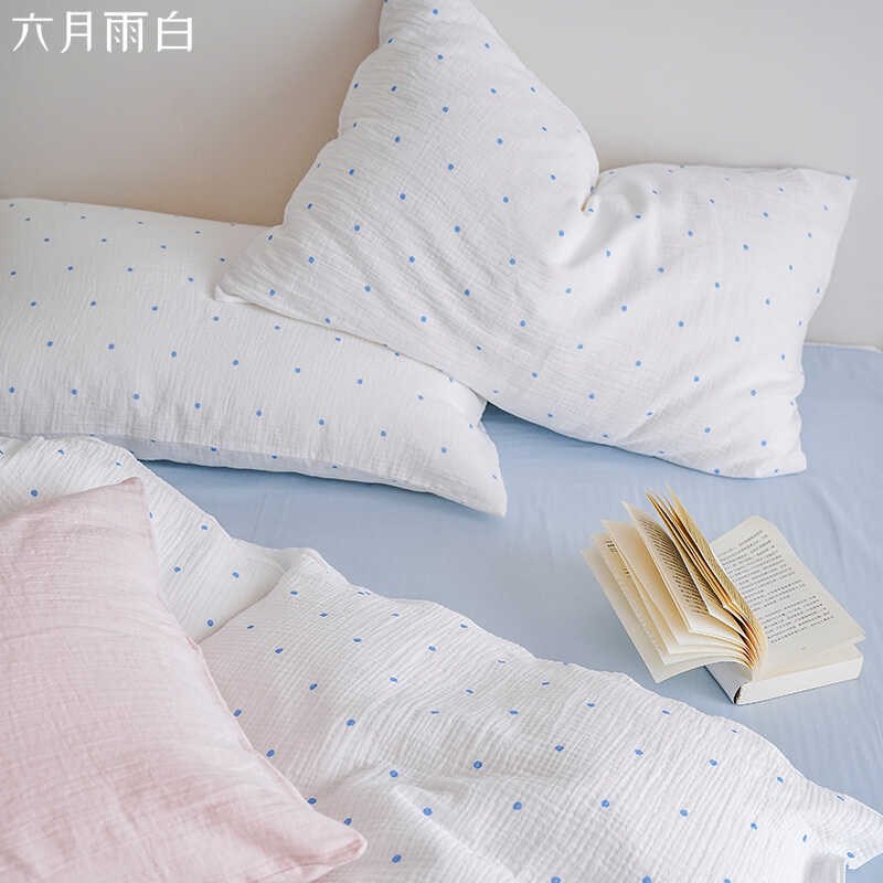 六月雨白[蓝波点]40支纯棉全棉双层纱皱皱纱裸睡床上床单四件套图片