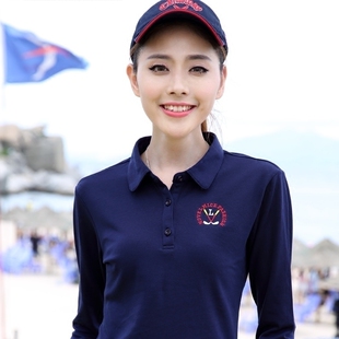 大码宽松长袖T恤女纯棉翻领刺绣打底衫妈妈带领子运动衫上衣工服T