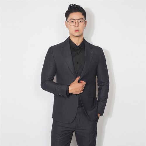 川泽男装炭黑色暗格西装套装新款韩版修身轻商务西服男士通勤套西