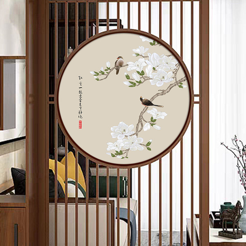 屏风隔断装饰画双面花鸟挂画玄关柜子进门遮挡壁画新中式饭厅字画图片