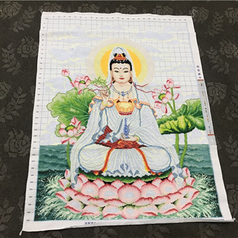 纯手工十字绣成品坐莲观音盛世观音娘娘佛像滴水求子线绣菩萨包邮