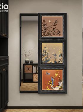 中古风玄关挂画全身镜装饰画暗藏式可关闭隐形推拉穿衣镜发光壁画
