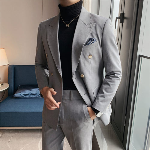 高级感绅士双排扣西服套装男修身商务休闲西装结婚两件套正装礼服