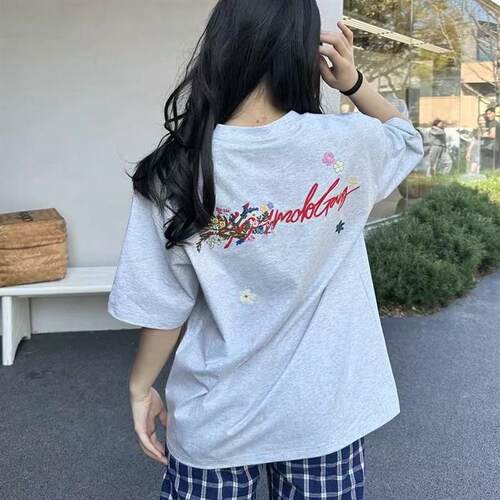 美式复古手写花卉刺绣短袖t恤男女夏季新款纯棉宽松潮牌情侣上衣