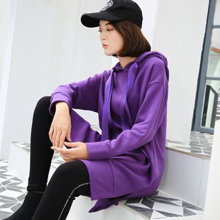 新品中长款卫衣女2024新款韩版宽松连帽裙遮屁股开叉春秋美式紫色