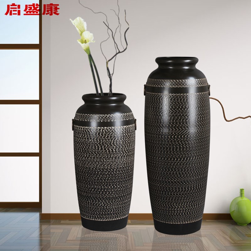宽口黑色抖刀纯手工工艺落地大花瓶别墅摆件客厅陶瓷饰品玄关瓷器