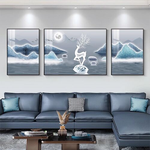 客厅山水画沙发背景墙挂画轻奢高级感装饰画大气蓝色抽象三联壁画