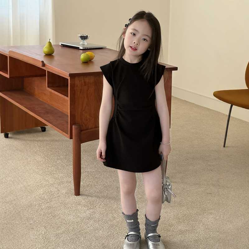 女童夏季简约风短袖连衣裙小黑裙女宝宝洋气A字裙短裙圆领夏季款