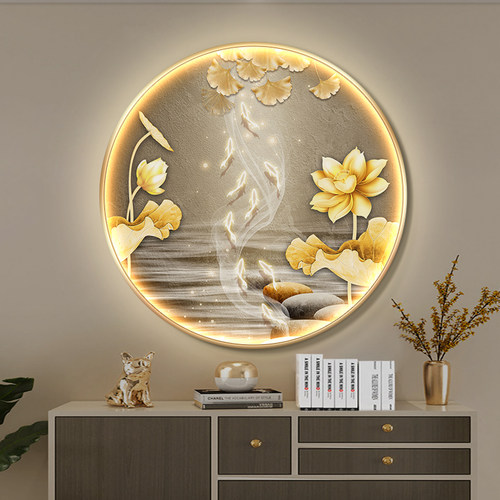 轻奢大气九鱼图玄关装饰画高级感led发光灯画过道背景墙圆形挂画