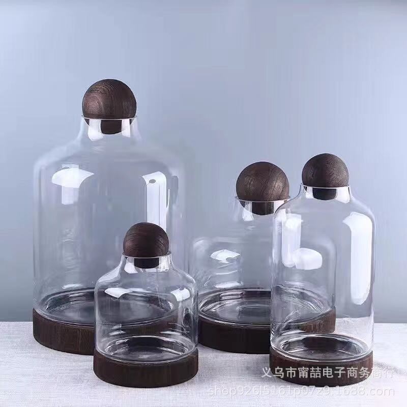 个性美式乡村带木球玻璃花瓶底部木器 小清新水培植物插花花器