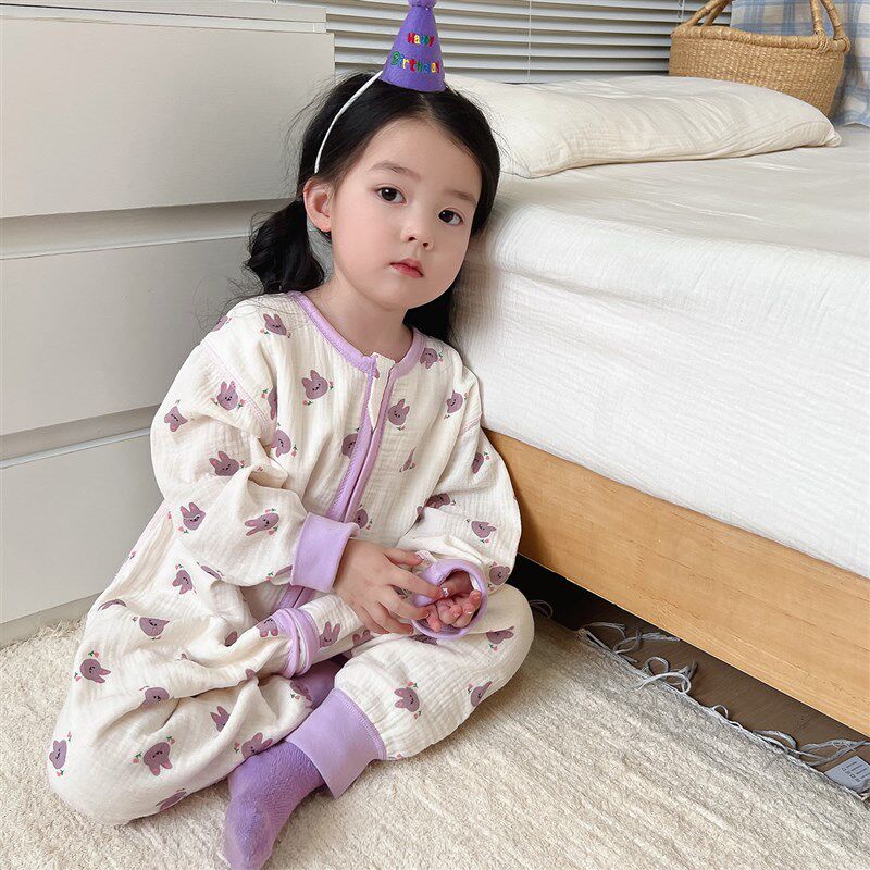 纱布睡袋婴儿春秋款儿童防踢被子神器宝宝夏季连体睡衣男女童四季