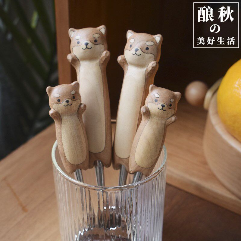 喵有型柴犬不锈钢吃饭勺子叉子筷子儿童小学生高颜值甜品搅拌套装