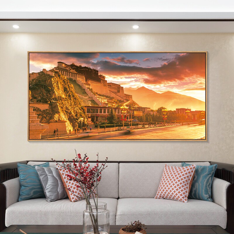 西藏布达拉宫挂画客厅草原画雪山风景画藏式主题餐厅饭店装饰画横