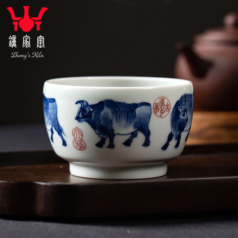 钟家窑功夫茶杯 景德镇青花柴窑全手工陶瓷茶杯单杯五牛图品茗杯